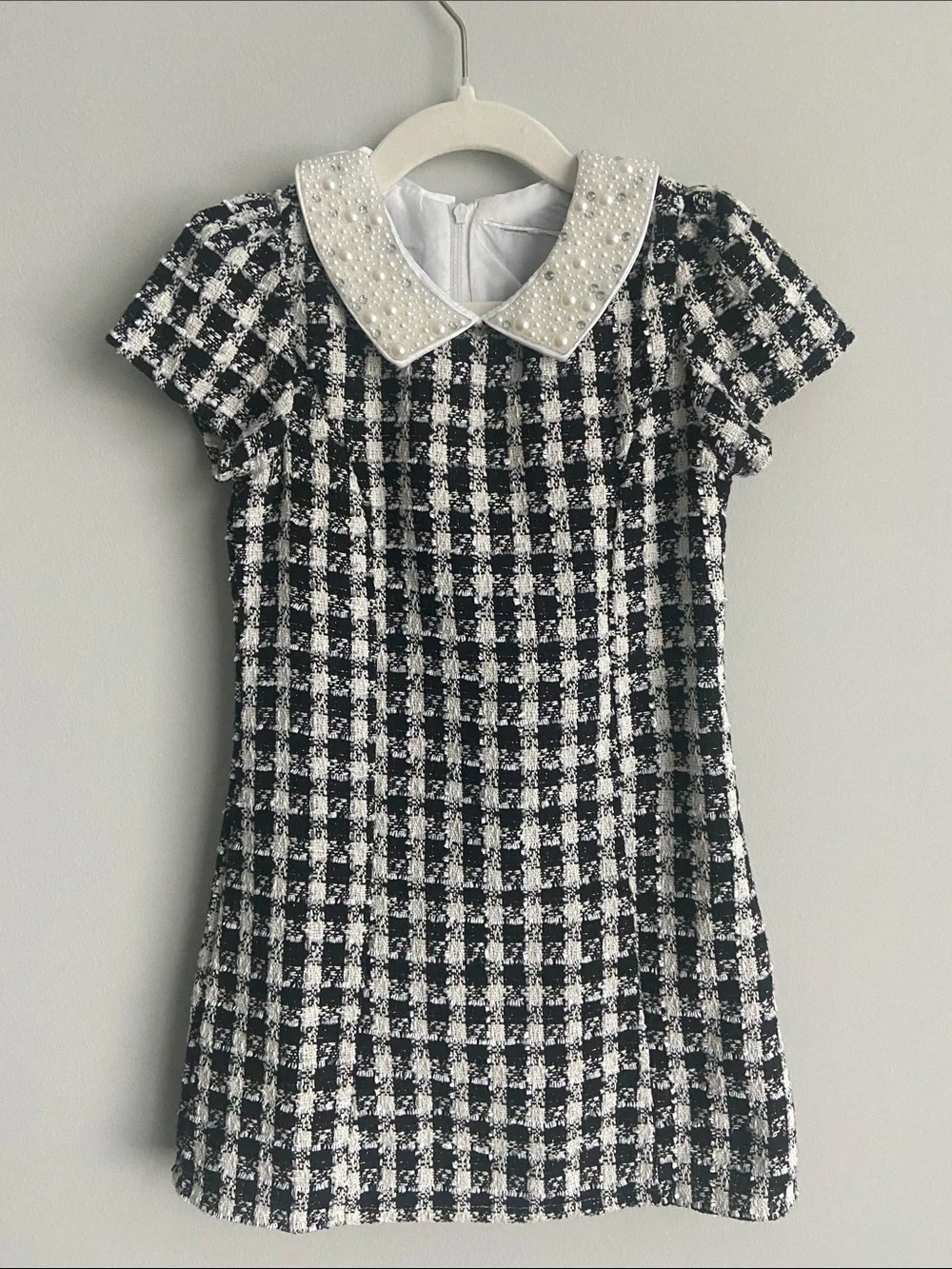 Girls Black & White Check Tweed Dress with Pearl Collar Chanel style